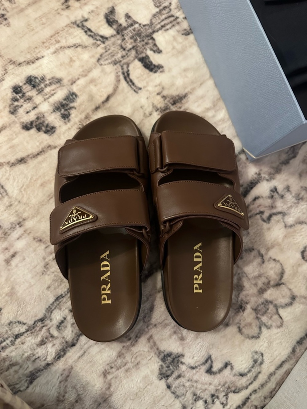 Prada Brown Leather Double-Strap Slides with Gold Logo